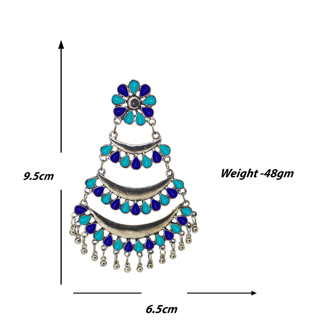 Abhinn Silver Oxidised Triple Layered Multi Colour Blue Dangler Earrings For Women