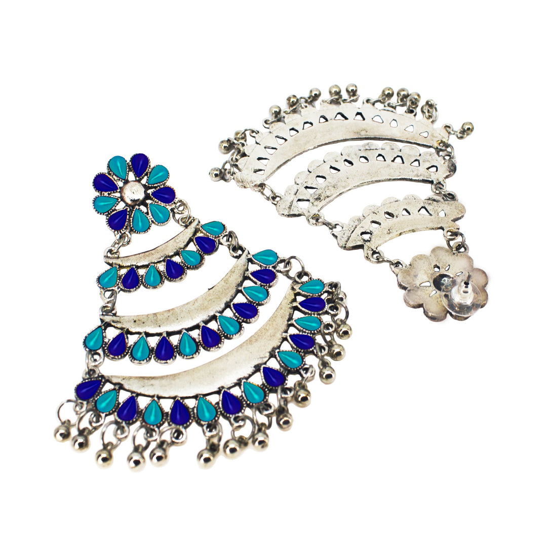 Abhinn Silver Oxidised Triple Layered Multi Colour Blue Dangler Earrings For Women