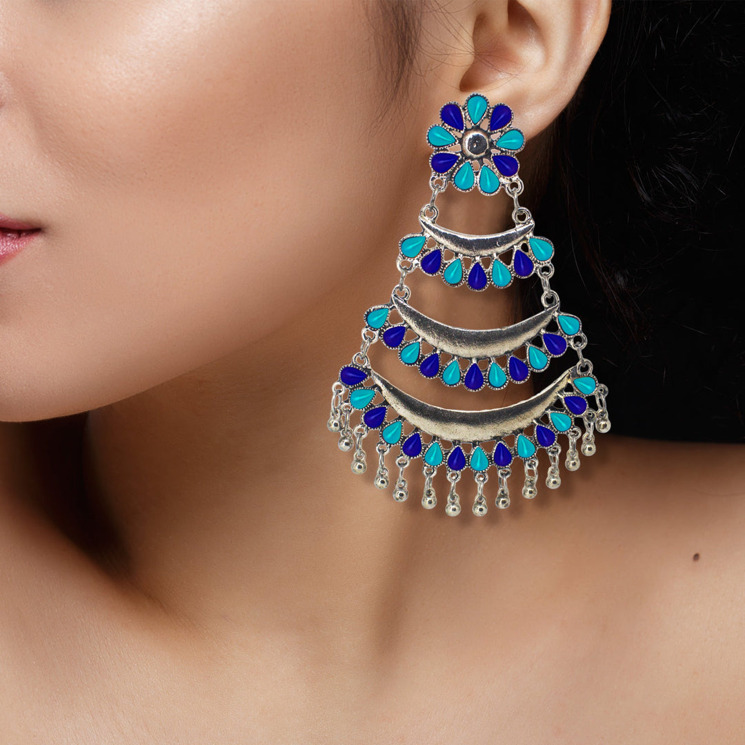 Abhinn Silver Oxidised Triple Layered Multi Colour Blue Dangler Earrings For Women