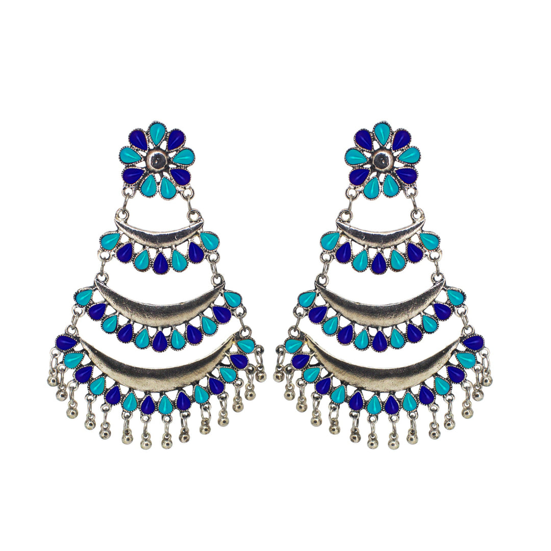 Abhinn Silver Oxidised Triple Layered Multi Colour Blue Dangler Earrings For Women
