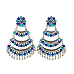 Load image into Gallery viewer, Abhinn Silver Oxidised Triple Layered Multi Colour Blue Dangler Earrings For Women
