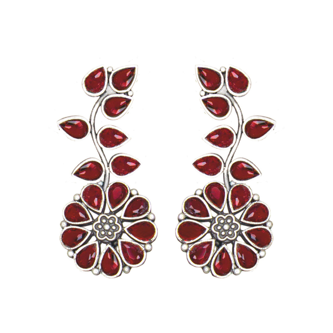 Abhinn Silver Replica Floral Design Red Stones Studded Studs Earrings for Women