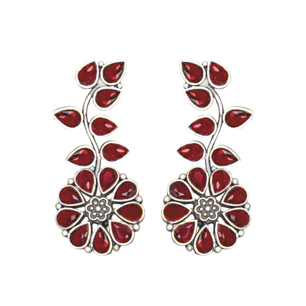 Abhinn Silver Replica Floral Design Red Stones Studded Studs Earrings for Women