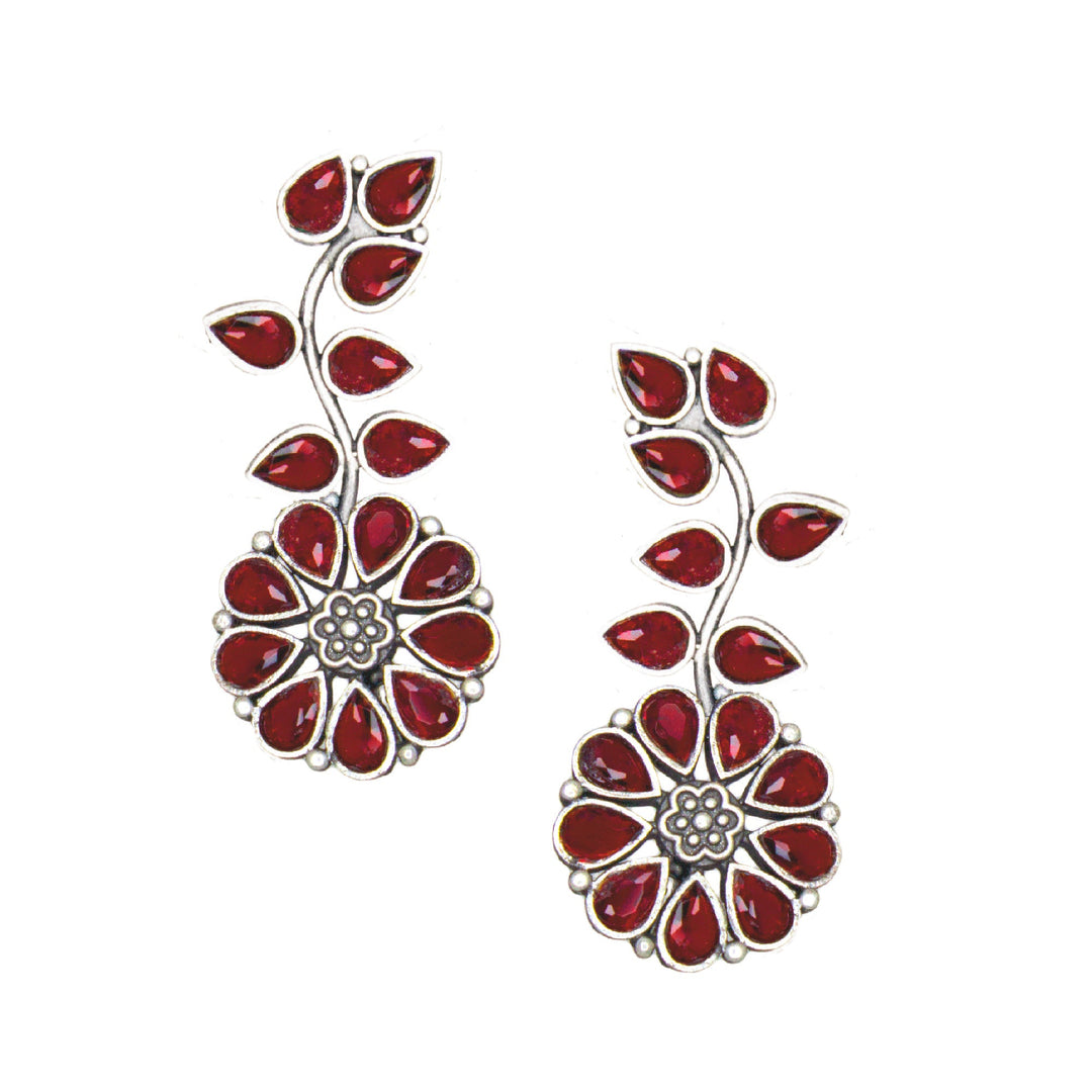 Abhinn Silver Replica Floral Design Red Stones Studded Studs Earrings for Women