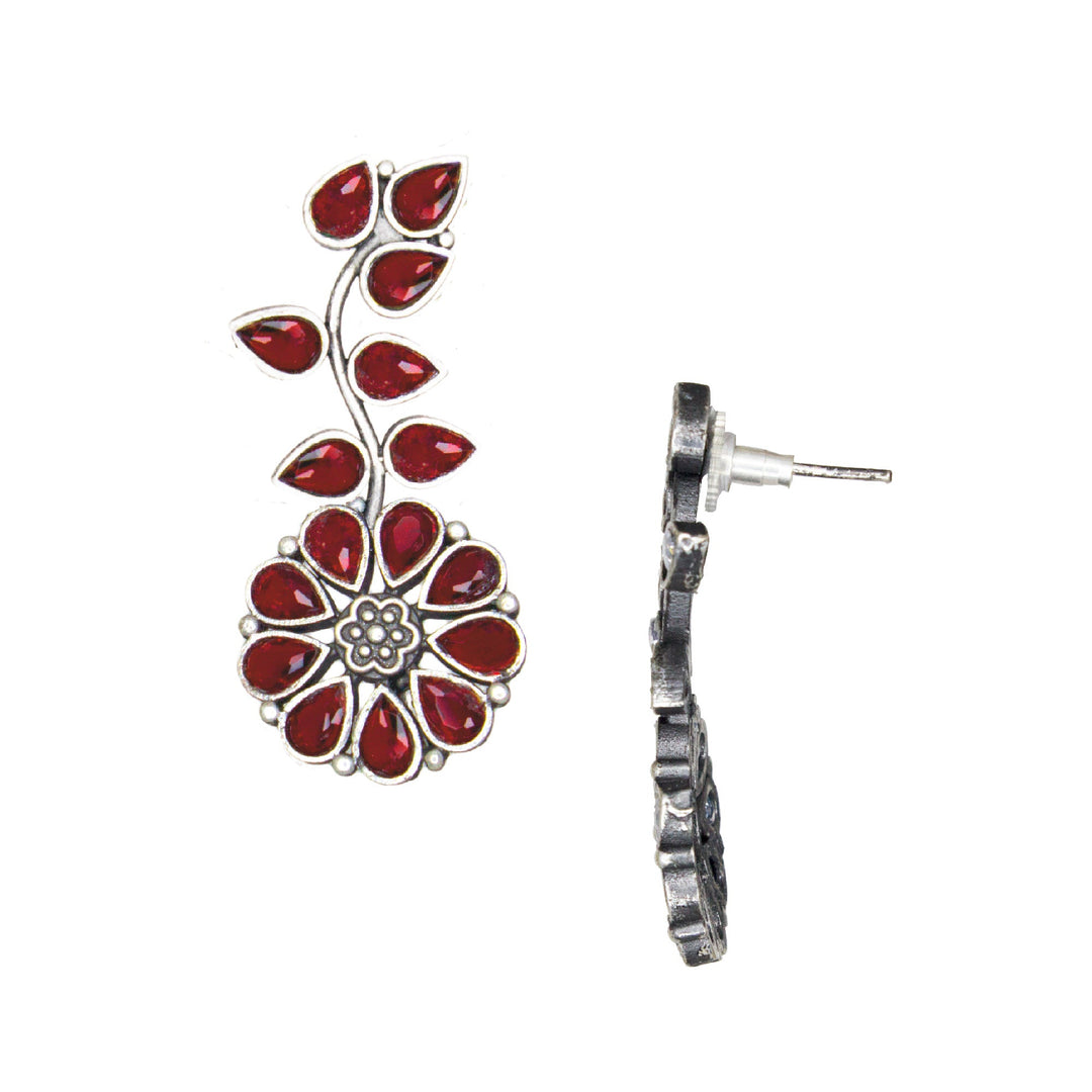 Abhinn Silver Replica Floral Design Red Stones Studded Studs Earrings for Women