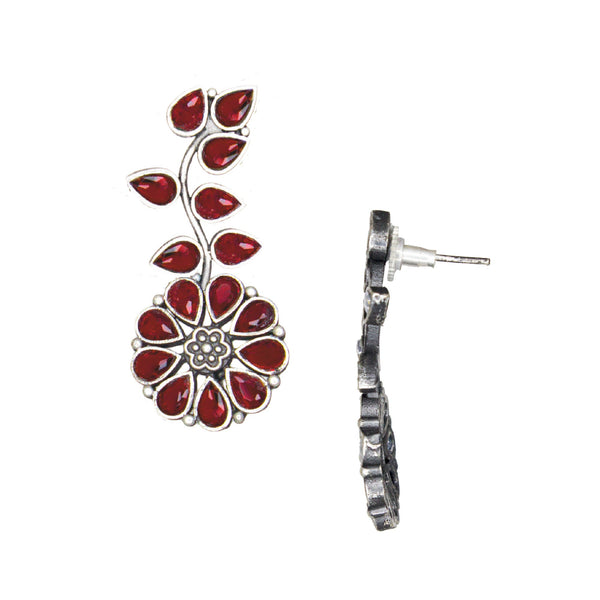 Abhinn Silver Replica Floral Design Red Stones Studded Studs Earrings for Women
