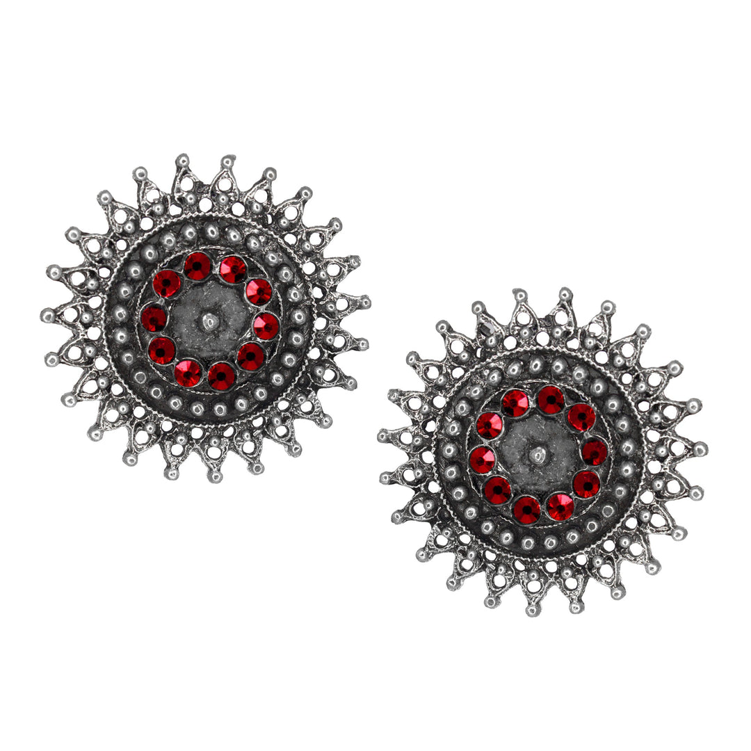 Abhinn Designer Silver Oxidised Sun Shape Red Big Studs For Women