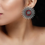Load image into Gallery viewer, Abhinn Designer Silver Oxidised Sun Shape Red Big Studs For Women

