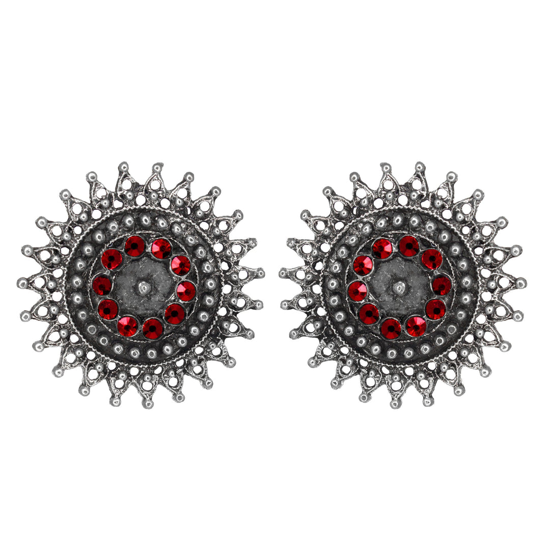 Abhinn Designer Silver Oxidised Sun Shape Red Big Studs For Women