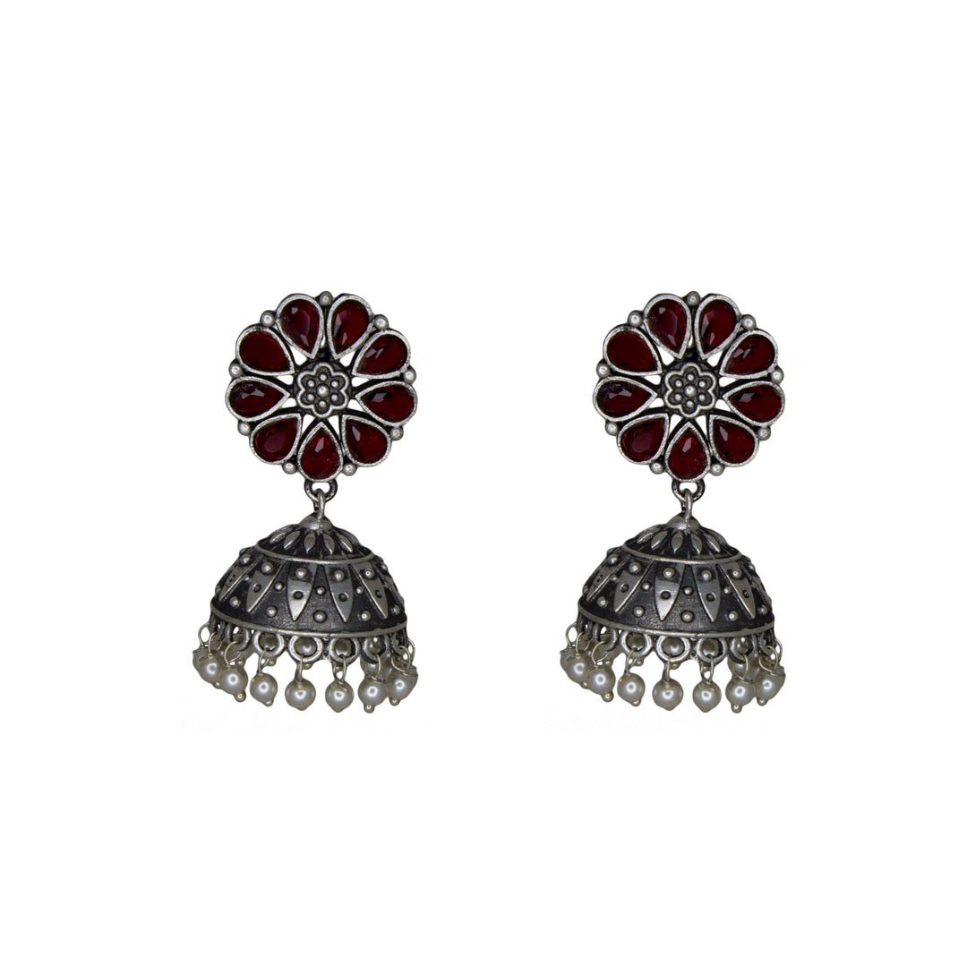 Silver Replica Floral Design Red Stones Studded Studs with Jhumka Earrings For Women