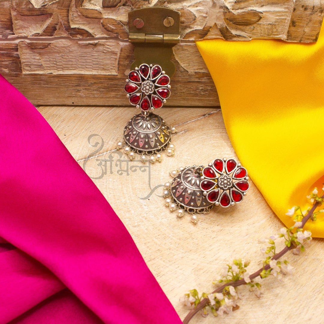 Silver Replica Floral Design Red Stones Studded Studs with Jhumka Earrings For Women