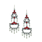Load image into Gallery viewer, Abhinn Afghani Silver Oxidised Mirror With Red Stones Dangler Earrings for Women

