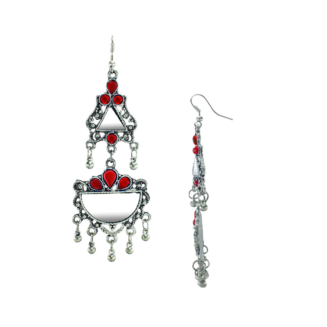 Abhinn Afghani Silver Oxidised Mirror With Red Stones Dangler Earrings for Women