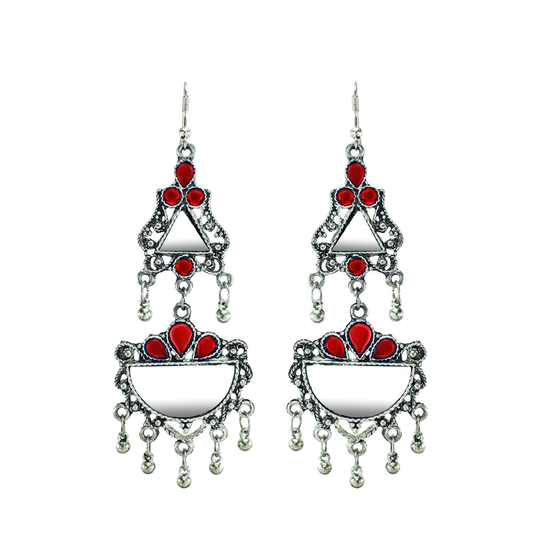 Abhinn Afghani Silver Oxidised Mirror With Red Stones Dangler Earrings for Women