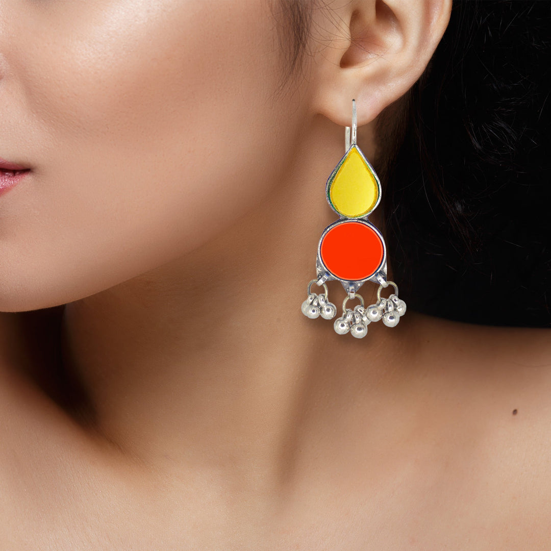 Abhinn Afghani Silver Plated Yellow-Red Glass Dangler Earrings For Women