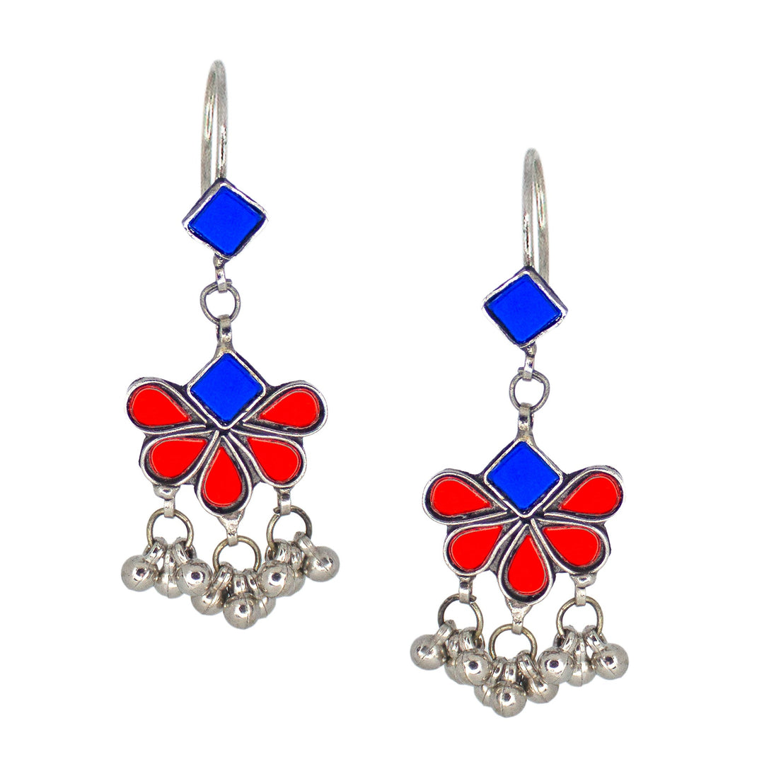 Abhinn Afghani Silver Plated Floral Design Blue-Red Glass Dangler Earrings For Women
