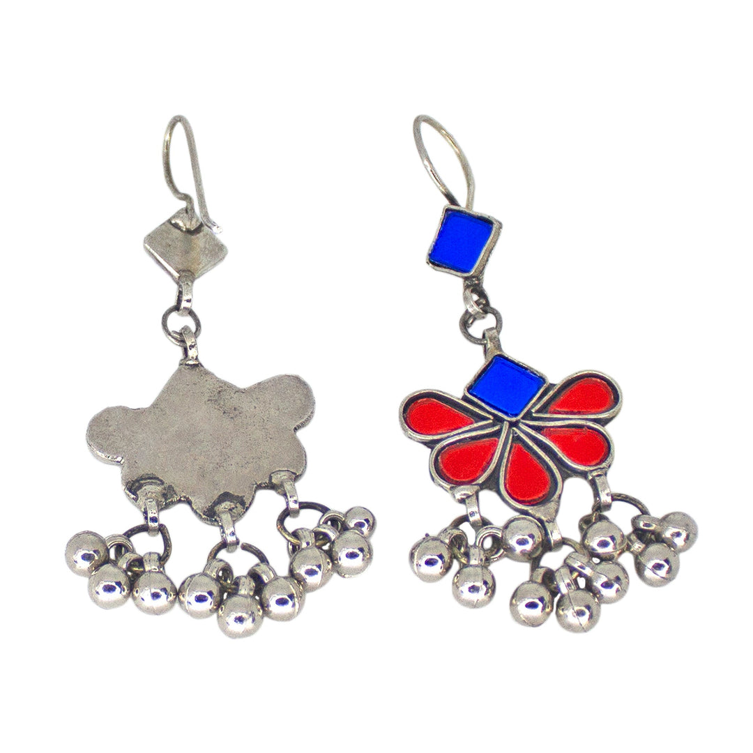 Abhinn Afghani Silver Plated Floral Design Blue-Red Glass Dangler Earrings For Women