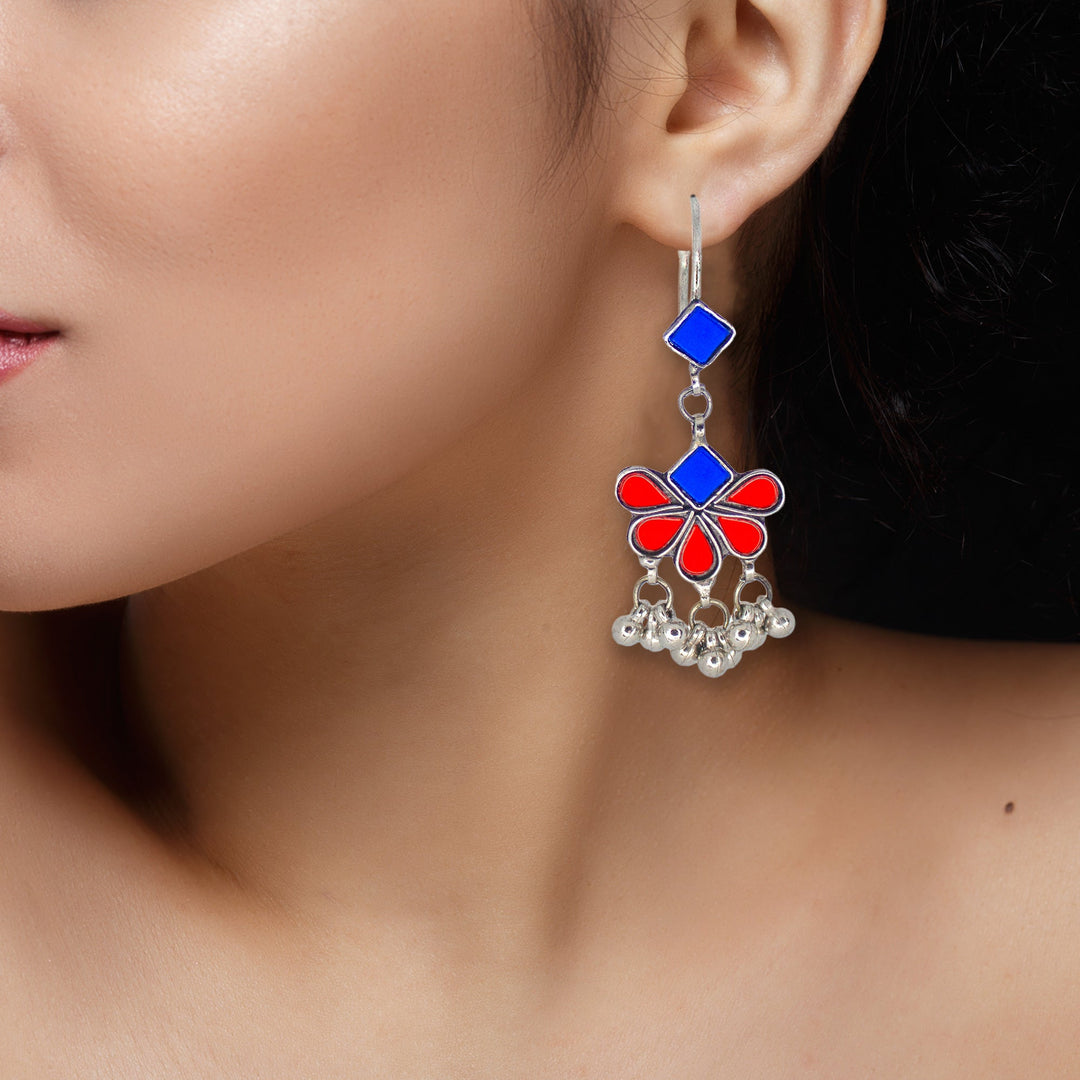 Abhinn Afghani Silver Plated Floral Design Blue-Red Glass Dangler Earrings For Women
