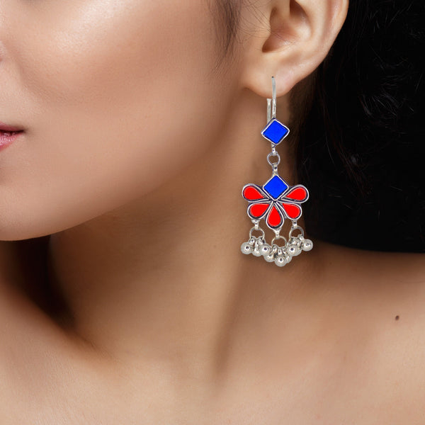 Abhinn Afghani Silver Plated Floral Design Blue-Red Glass Dangler Earrings For Women