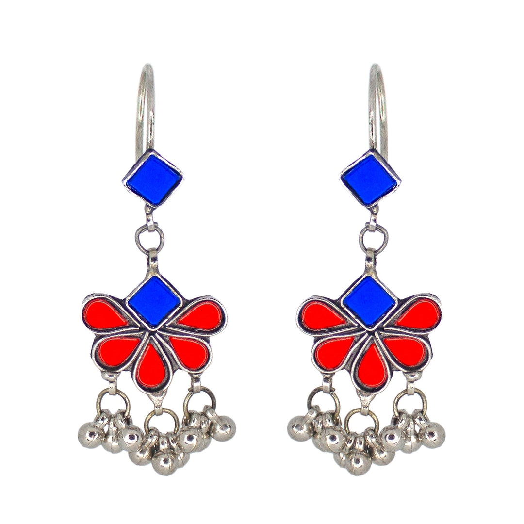 Abhinn Afghani Silver Plated Floral Design Blue-Red Glass Dangler Earrings For Women