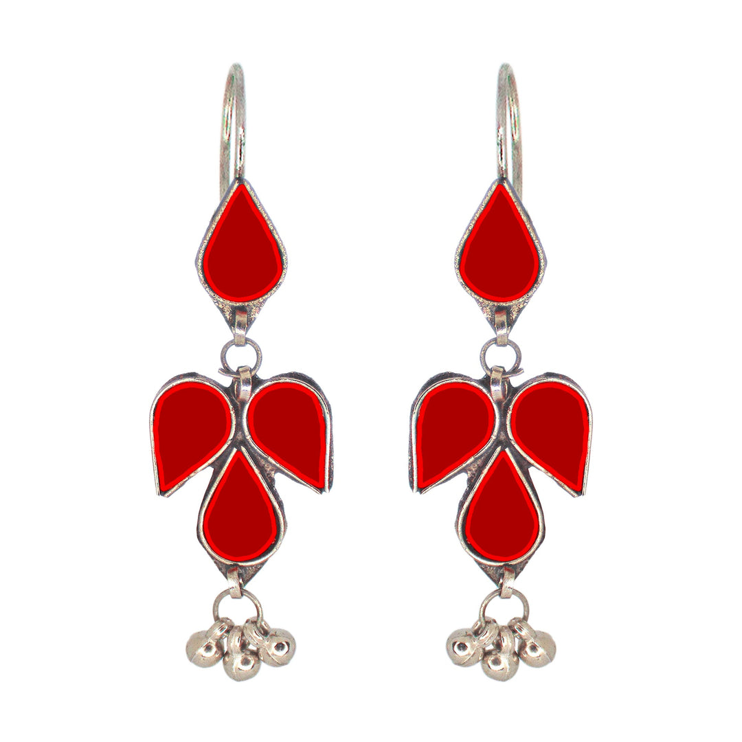 Abhinn Afghani Silver Plated Petal Shape Red Glass Dangler Earrings For Women