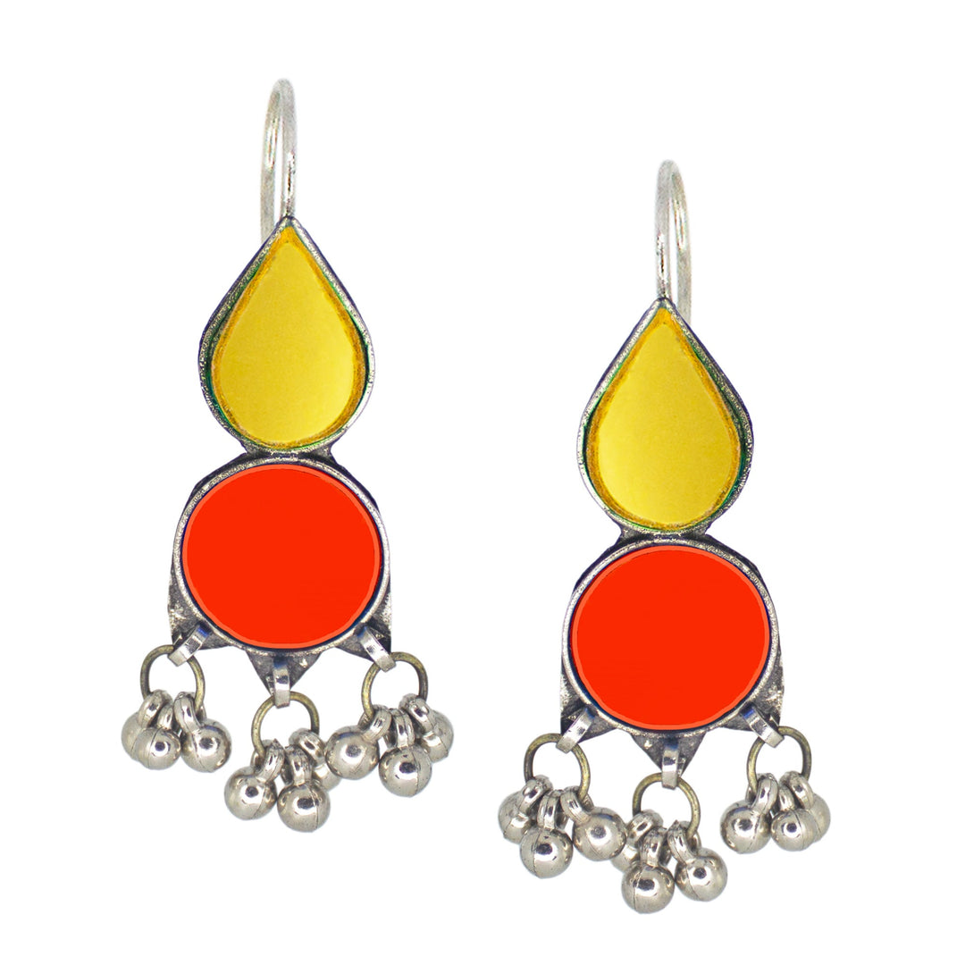 Abhinn Afghani Silver Plated Geometrical Parrot Yellow-Red Glass Dangler Earrings For Women