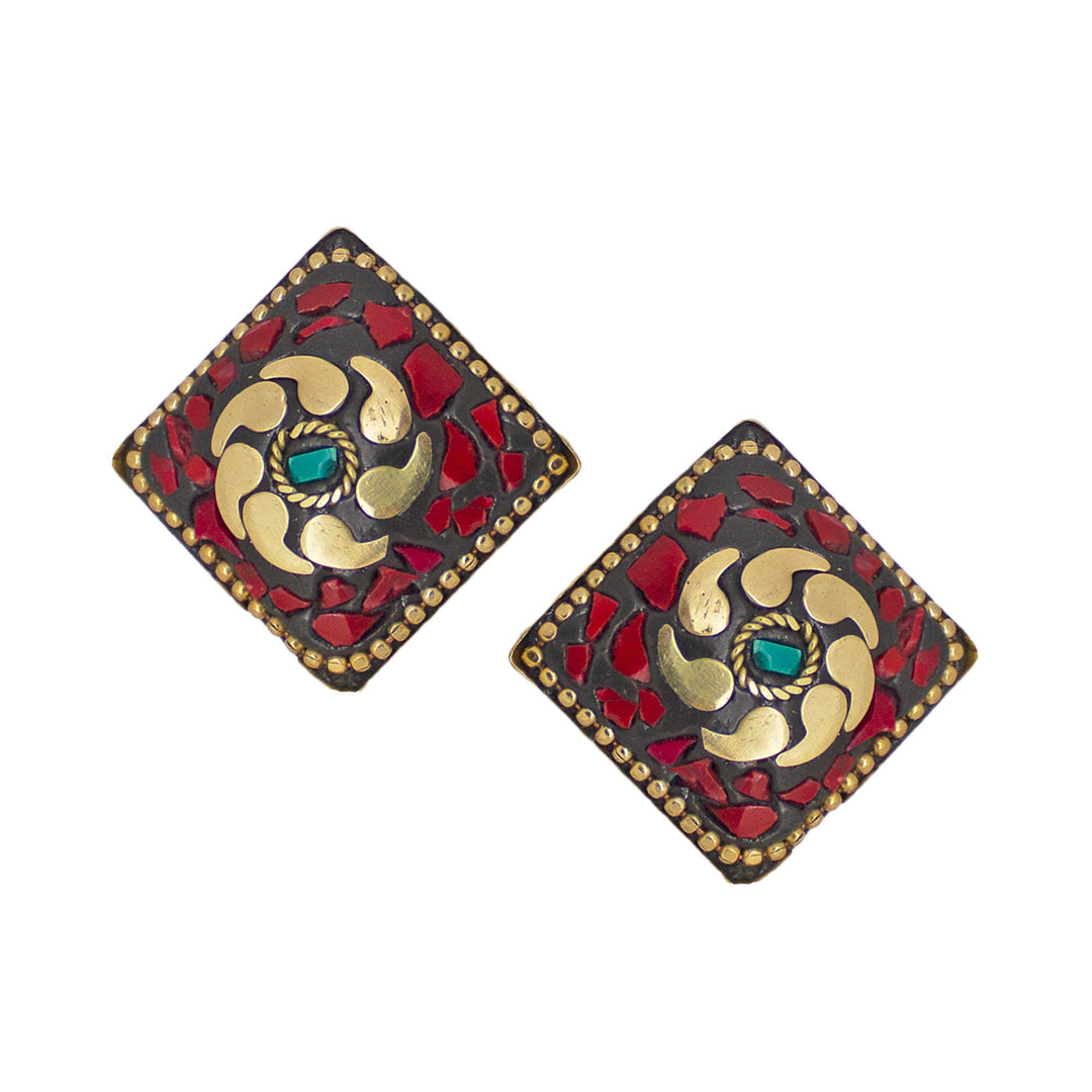 Abhinn Handmade Tibetan Gold Plated Red Diamond Studs earrings For Women