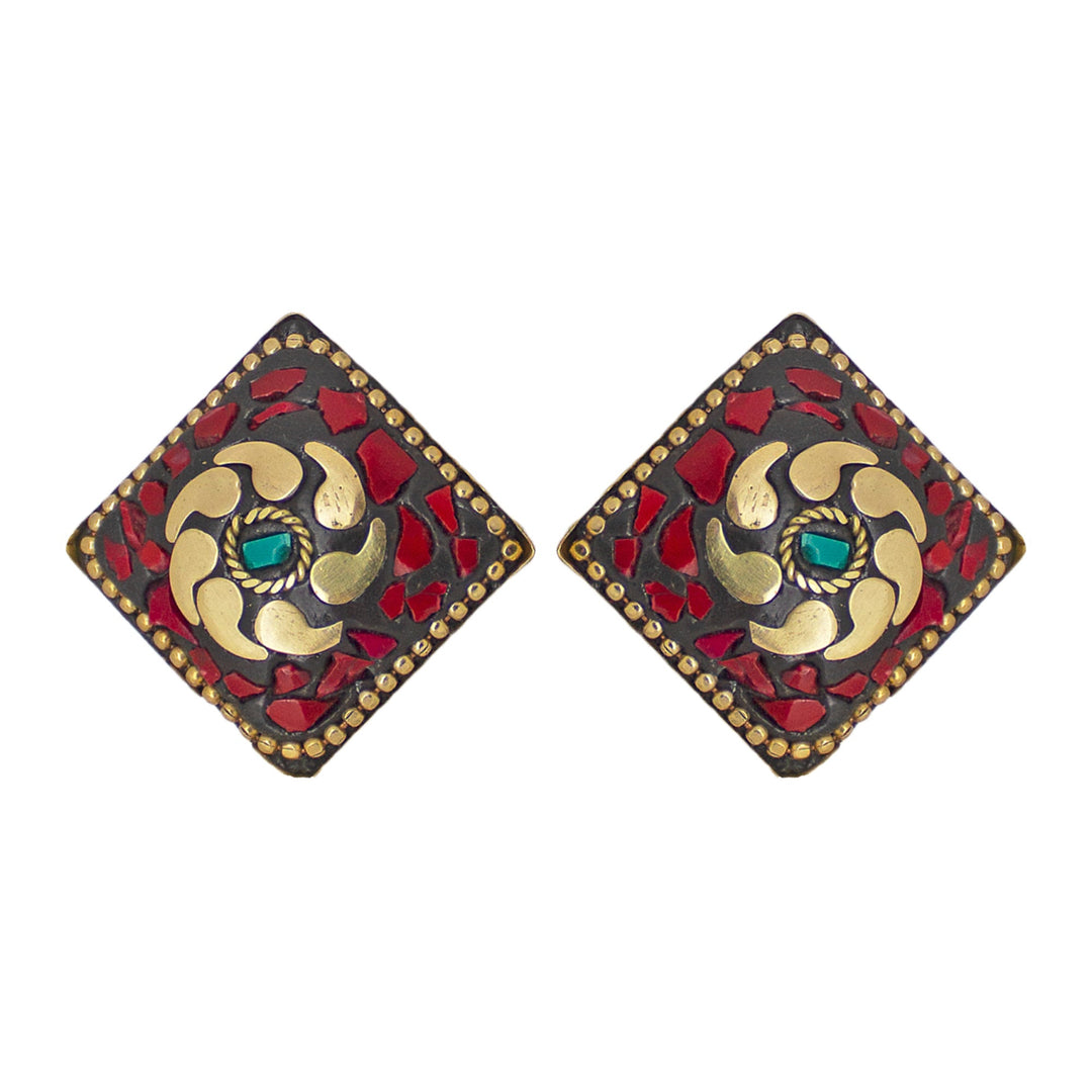 Abhinn Handmade Tibetan Gold Plated Red Diamond Studs earrings For Women
