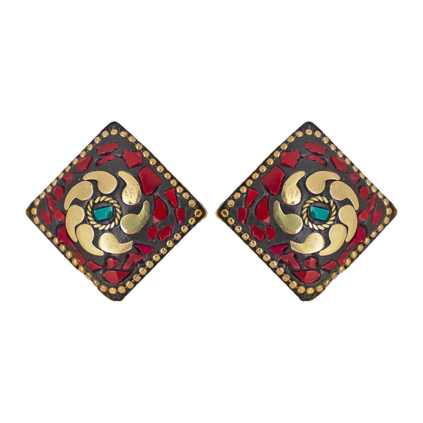 Abhinn Handmade Tibetan Gold Plated Red Diamond Studs earrings For Women