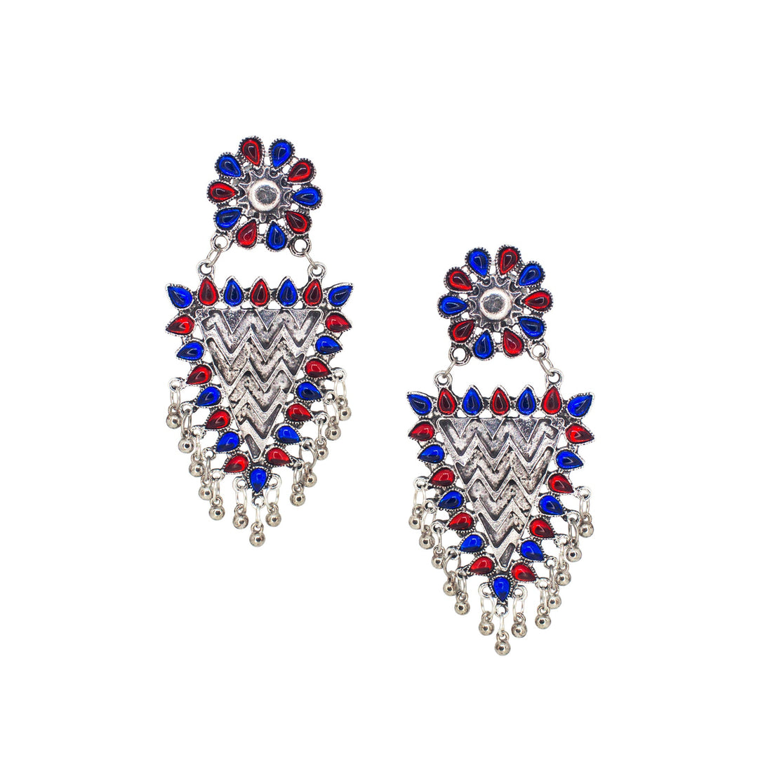 Abhinn Silver Oxidised Geometrical Design Red-Blue Dangler Earrings For Women