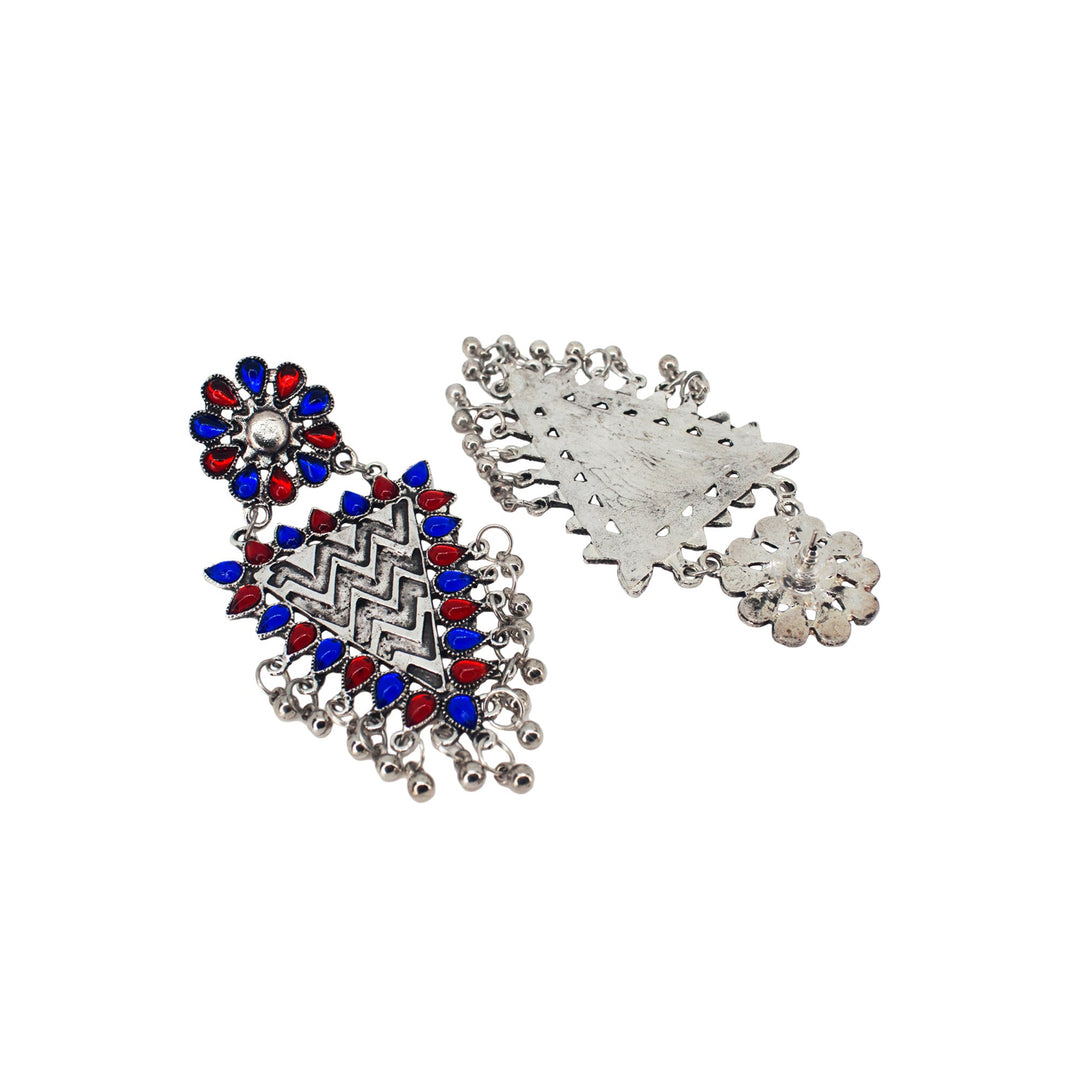 Abhinn Silver Oxidised Geometrical Design Red-Blue Dangler Earrings For Women