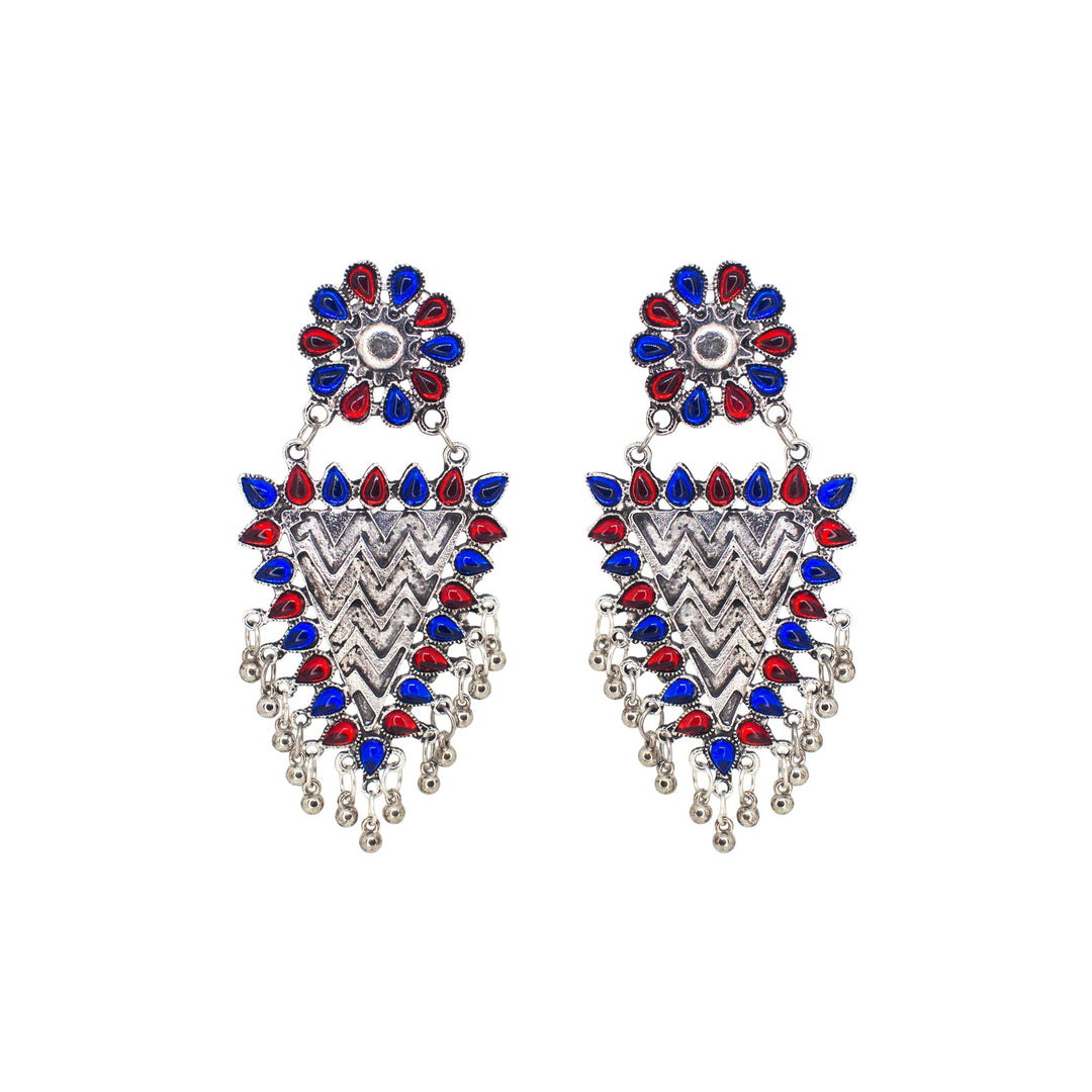 Abhinn Silver Oxidised Geometrical Design Red-Blue Dangler Earrings For Women