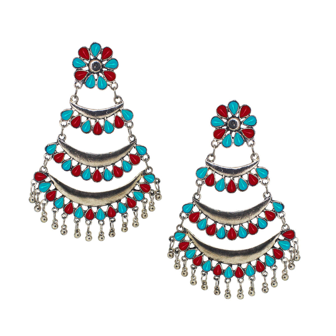 Abhinn Silver Oxidised Triple Layered Multi Colour Red-Sky Blue Dangler Earrings For Women