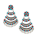 Load image into Gallery viewer, Abhinn Silver Oxidised Triple Layered Multi Colour Red-Sky Blue Dangler Earrings For Women
