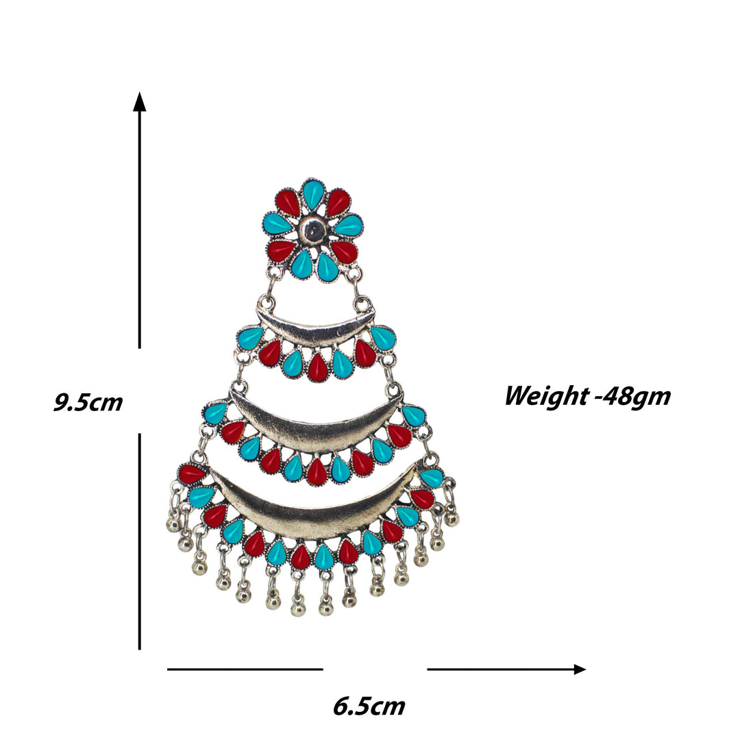 Abhinn Silver Oxidised Triple Layered Multi Colour Red-Sky Blue Dangler Earrings For Women