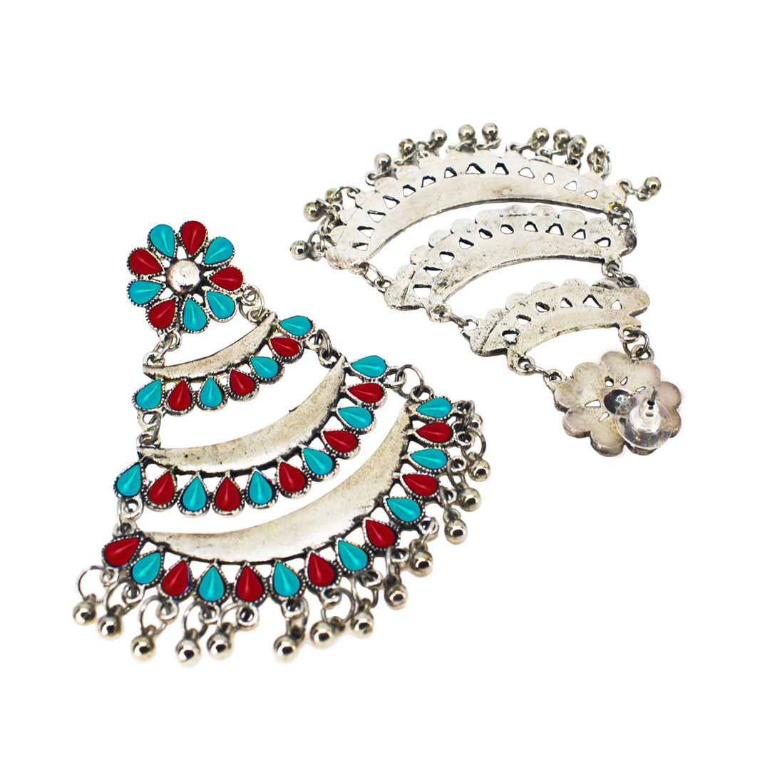 Abhinn Silver Oxidised Triple Layered Multi Colour Red-Sky Blue Dangler Earrings For Women