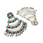 Load image into Gallery viewer, Abhinn Silver Oxidised Triple Layered Multi Colour Red-Sky Blue Dangler Earrings For Women
