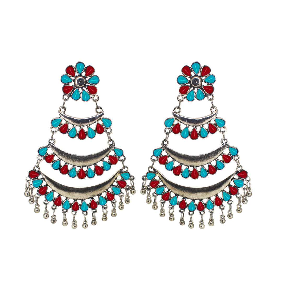 Abhinn Silver Oxidised Triple Layered Multi Colour Red-Sky Blue Dangler Earrings For Women