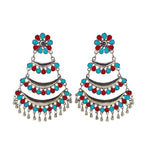 Load image into Gallery viewer, Abhinn Silver Oxidised Triple Layered Multi Colour Red-Sky Blue Dangler Earrings For Women
