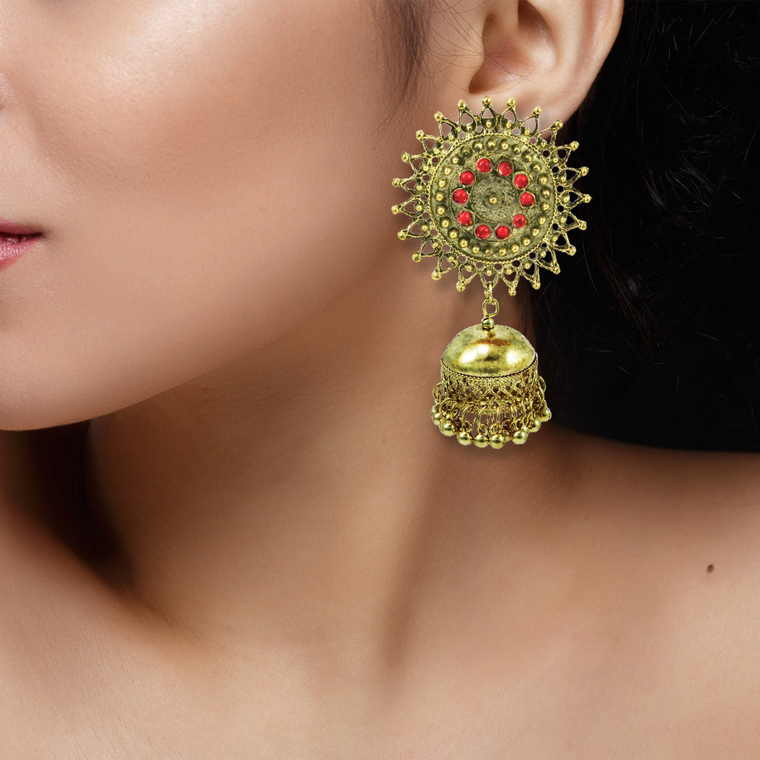 Abhinn Stylish Golden Oxidised Sun Shaped Jhumka Earrings For Women