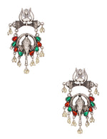 Load image into Gallery viewer, Abhinn Silver Oxidised Ganesha With Red-Green Kundan Stone Dangler Earrings For Women
