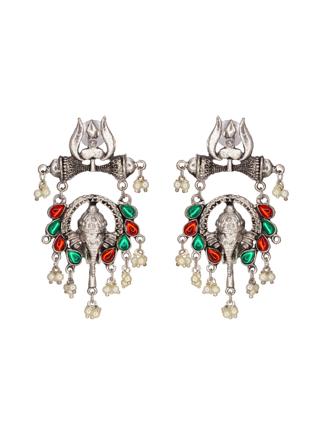 Abhinn Silver Oxidised Ganesha With Red-Green Kundan Stone Dangler Earrings For Women