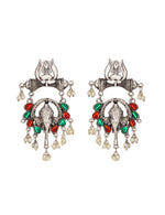 Load image into Gallery viewer, Abhinn Silver Oxidised Ganesha With Red-Green Kundan Stone Dangler Earrings For Women
