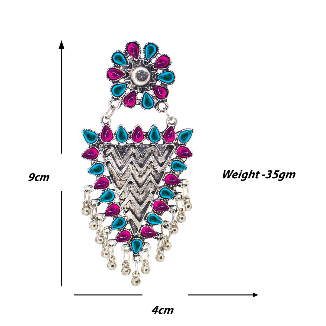 Abhinn Silver Oxidised Geometrical Design Pink-Blue Dangler Earrings For Women