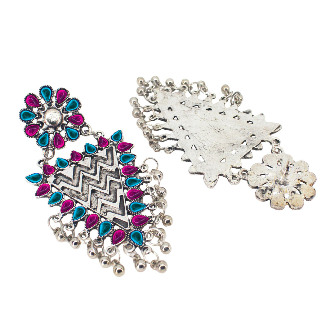 Abhinn Silver Oxidised Geometrical Design Pink-Blue Dangler Earrings For Women