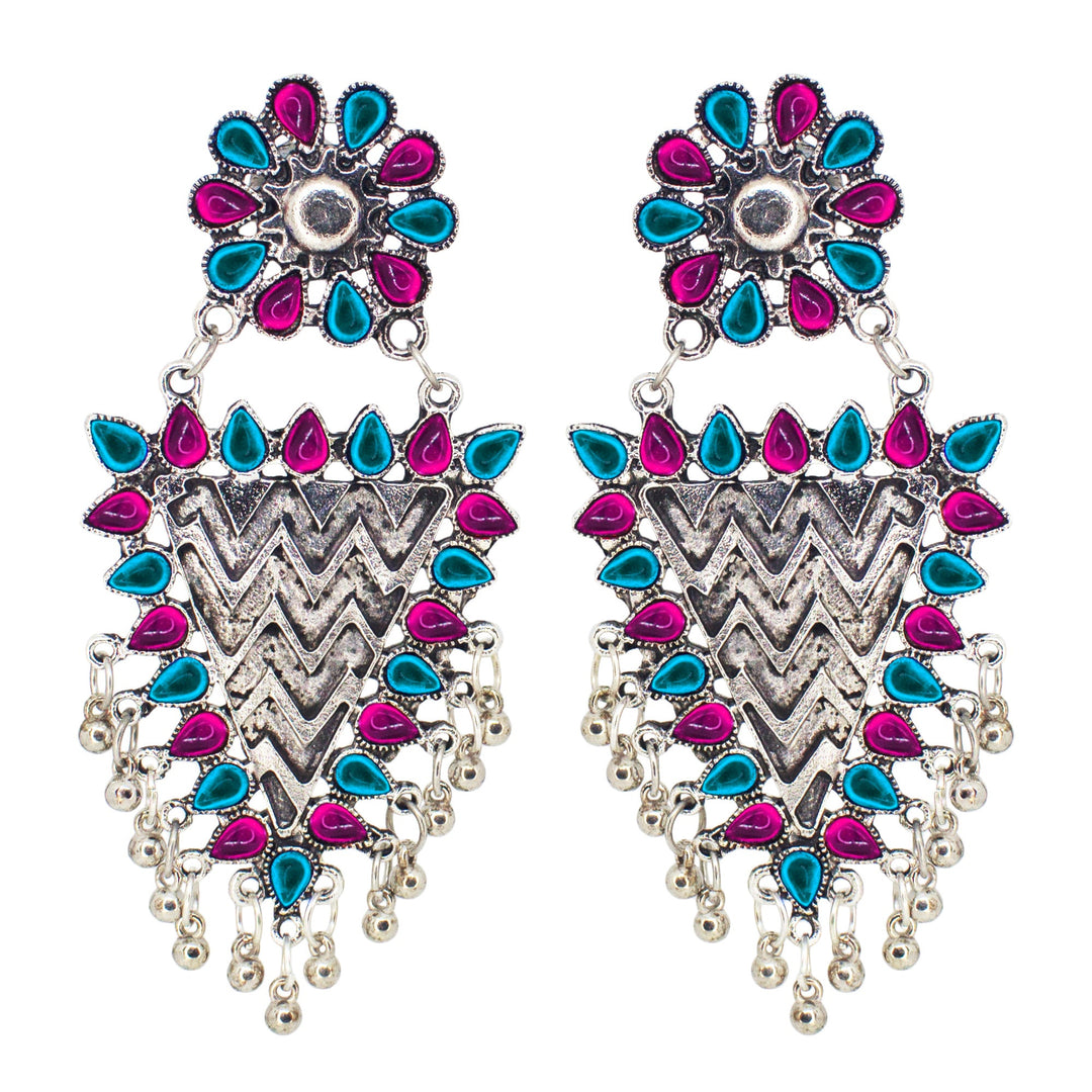 Abhinn Silver Oxidised Geometrical Design Pink-Blue Dangler Earrings For Women
