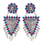 Load image into Gallery viewer, Abhinn Silver Oxidised Geometrical Design Pink-Blue Dangler Earrings For Women
