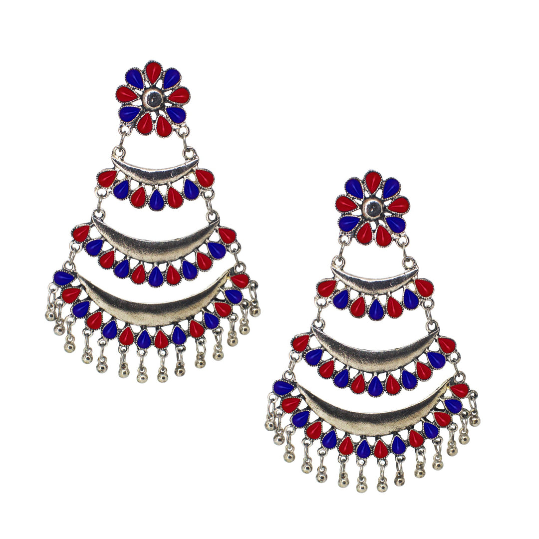Abhinn Silver Oxidised Triple Layered Multi Colour Blue-Red Dangler Earrings For Women