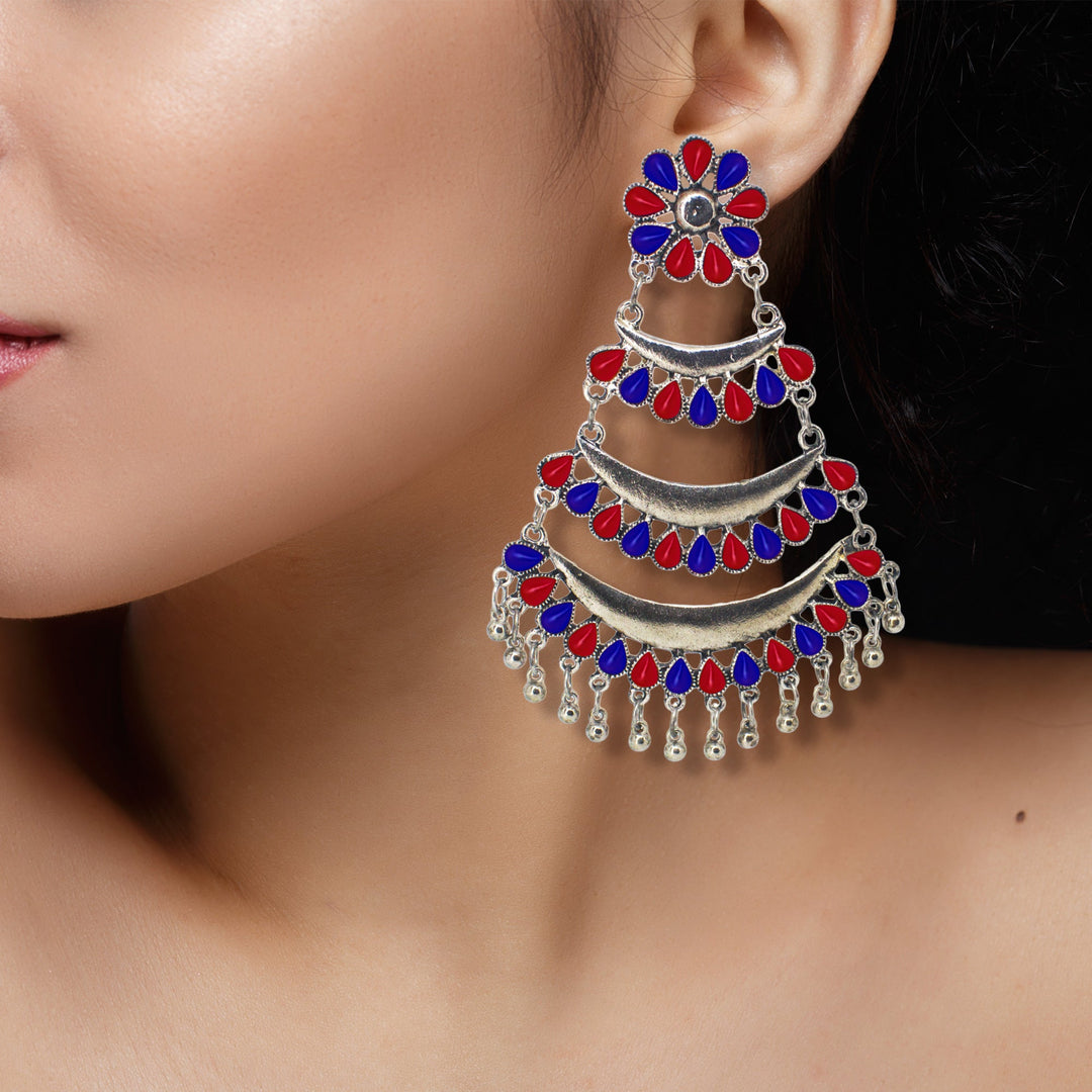 Abhinn Silver Oxidised Triple Layered Multi Colour Blue-Red Dangler Earrings For Women
