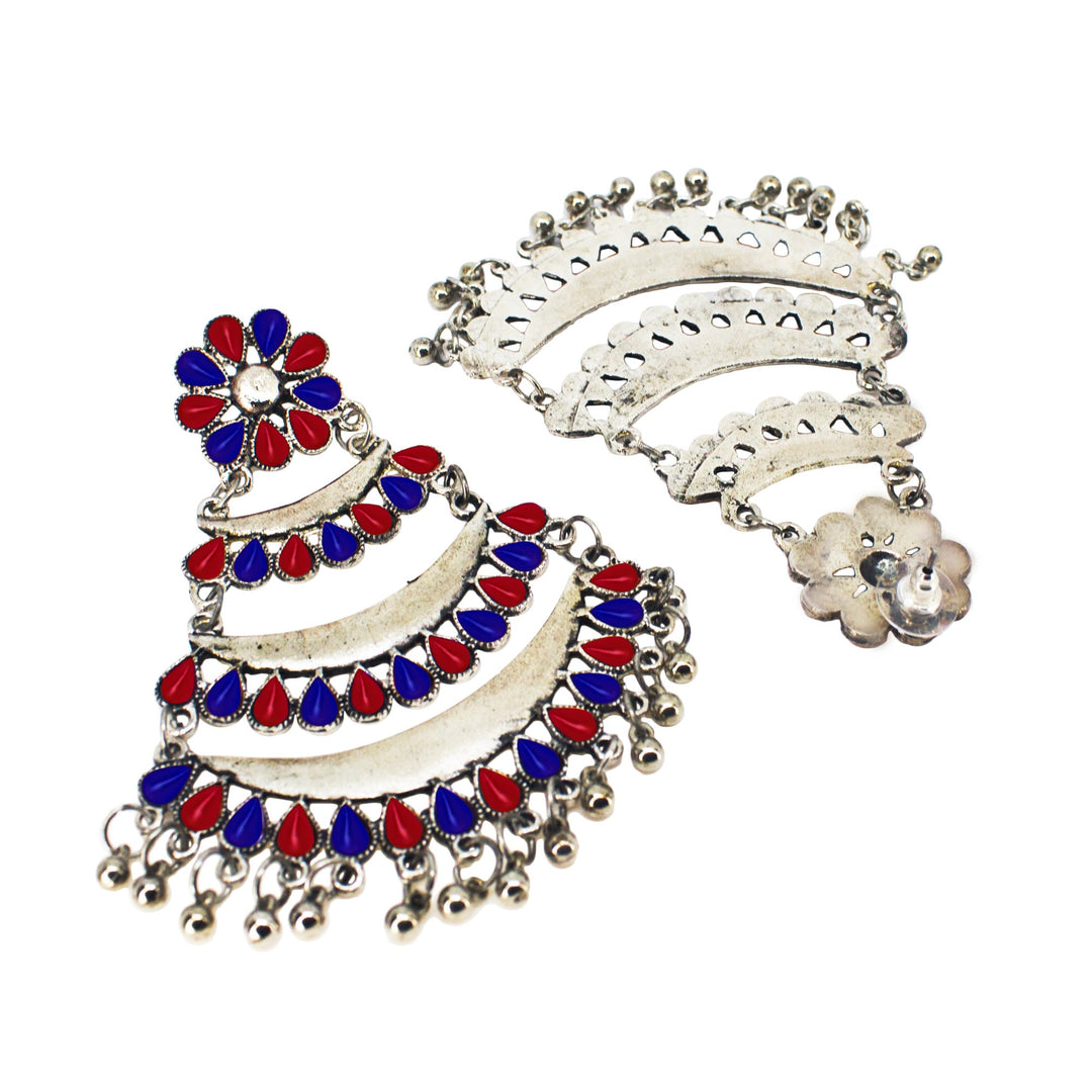 Abhinn Silver Oxidised Triple Layered Multi Colour Blue-Red Dangler Earrings For Women